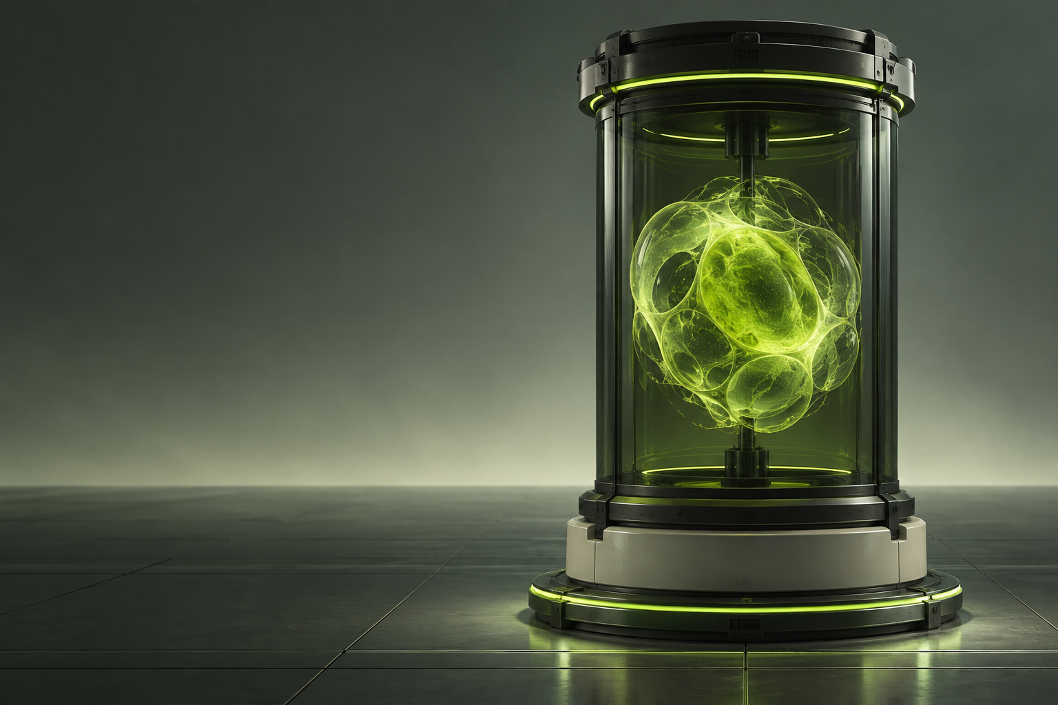 A glowing green specimen inside a laboratory incubation chamber